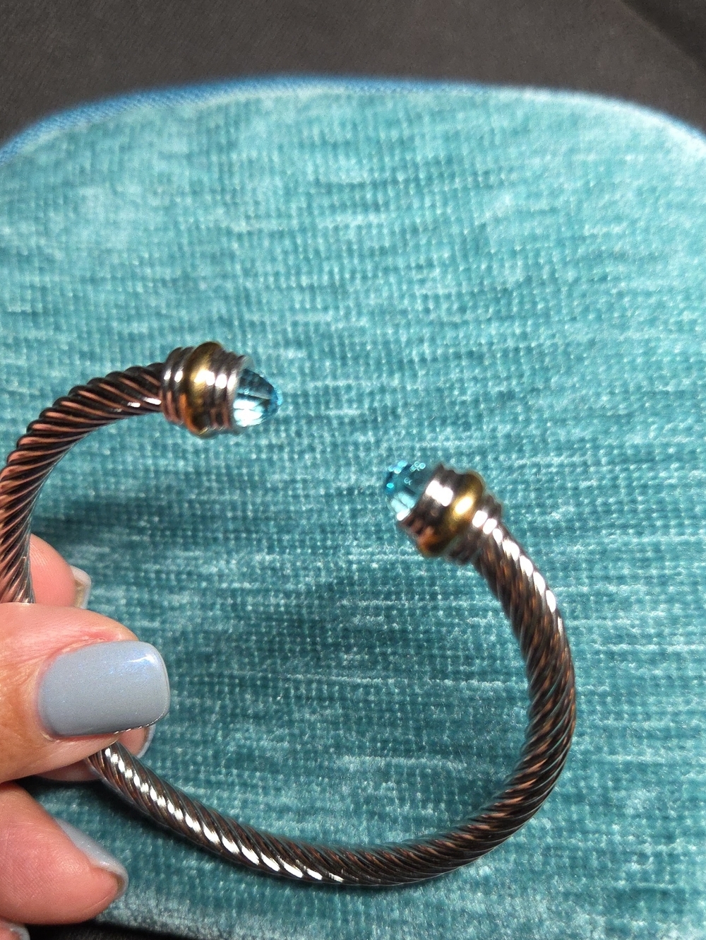 (Blue) Twisted Cable Cuff Bracelet with Crystal End Caps